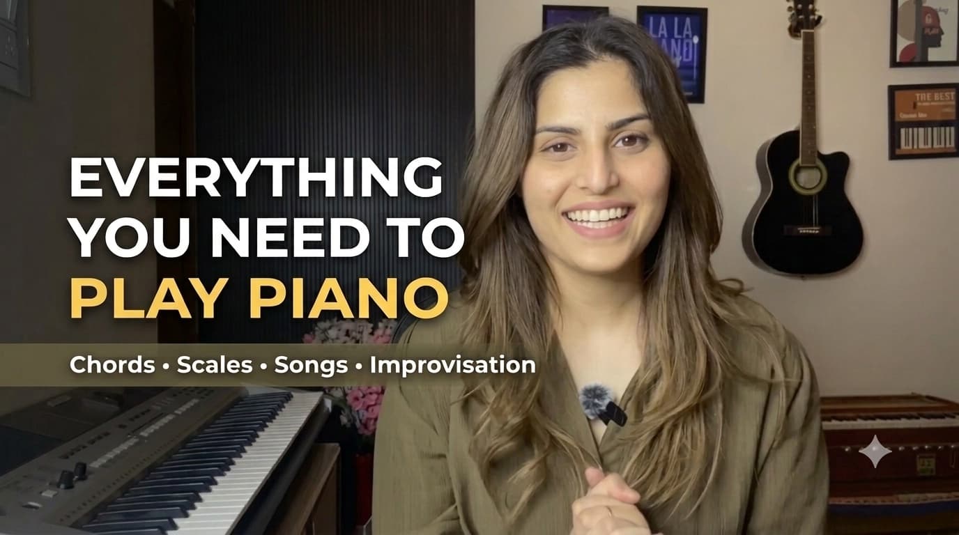 Simran smiling beside her keyboard, with the words: Everything you need to play piano — chords, scales, songs, improvisation